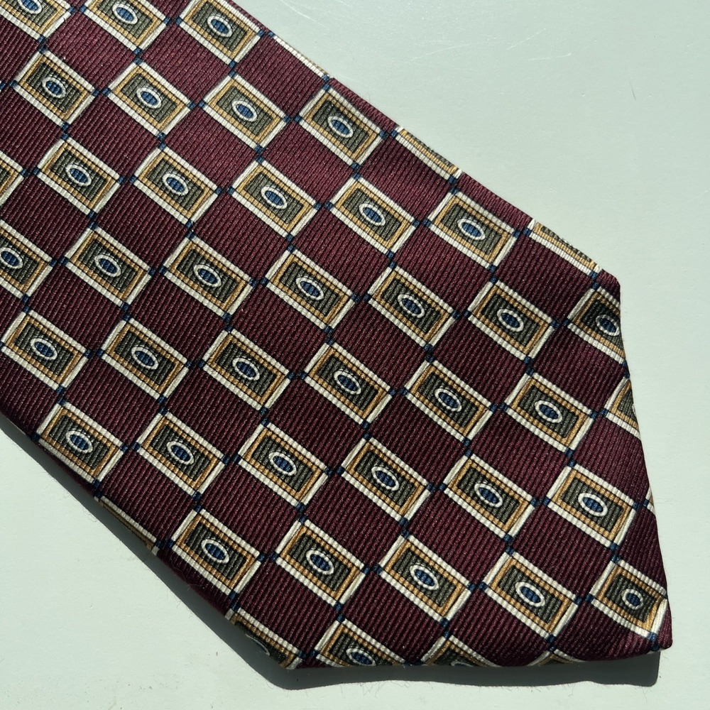 Brooks Brothers Makers Silk Made USA Neck Tie Burgundy Geometric 58" X 3 3/4"